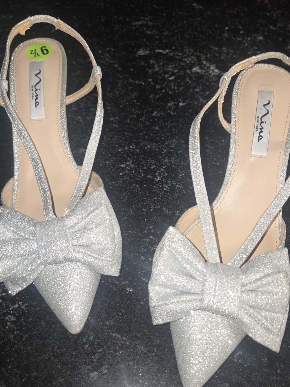 Nina Silver Glitter Bow Pointed-Toe Slingbacks